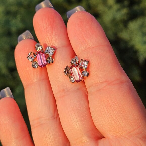 Vtg Marks & Spencer 12K Gold-Filled Rare Pink Rhinestone Brooch & Earrings Set - Picture 6 of 16